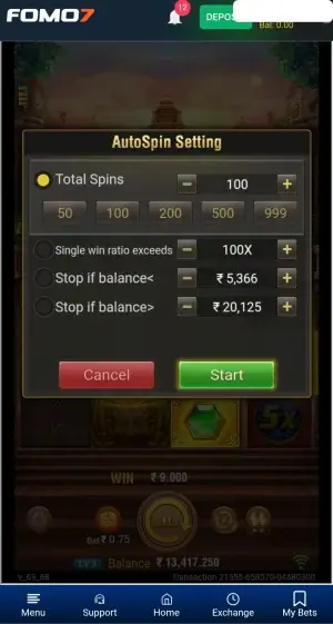 Fortune Gems 3 AutoSpin settings panel with 100 spins selected and configurable stop conditions for balance limits and win ratio.