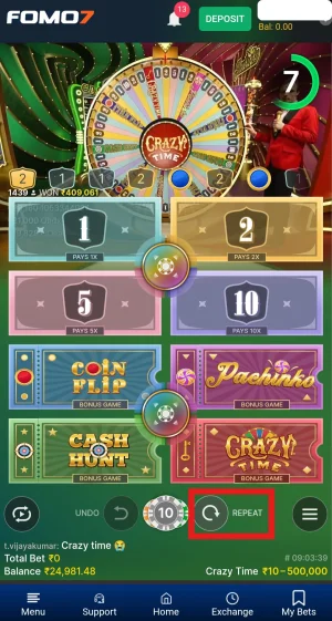 Crazy Time betting board with the Repeat button highlighted, allowing players to quickly reuse their previous bets before the 7-second countdown ends.