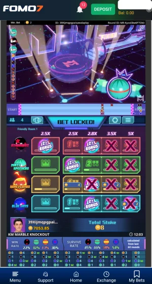 KM Marble Knockout race results screen showing winning and eliminated bets marked with X, with 2x Bonus payouts automatically applied to winning selections.