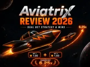 Aviatrix game review 2026 banner on FOMO7 India featuring flying rocket jets, an ascending multiplier arrow, and bet boxes.