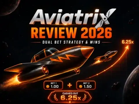 Aviatrix game review 2026 banner on FOMO7 India featuring flying rocket jets, an ascending multiplier arrow, and bet boxes.