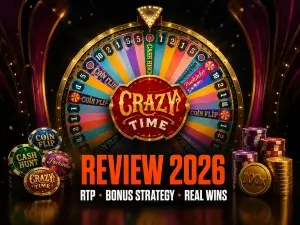 Crazy Time review 2026 banner for Evolution on FOMO7 featuring a large prize wheel, game tokens, and stacked casino chips.