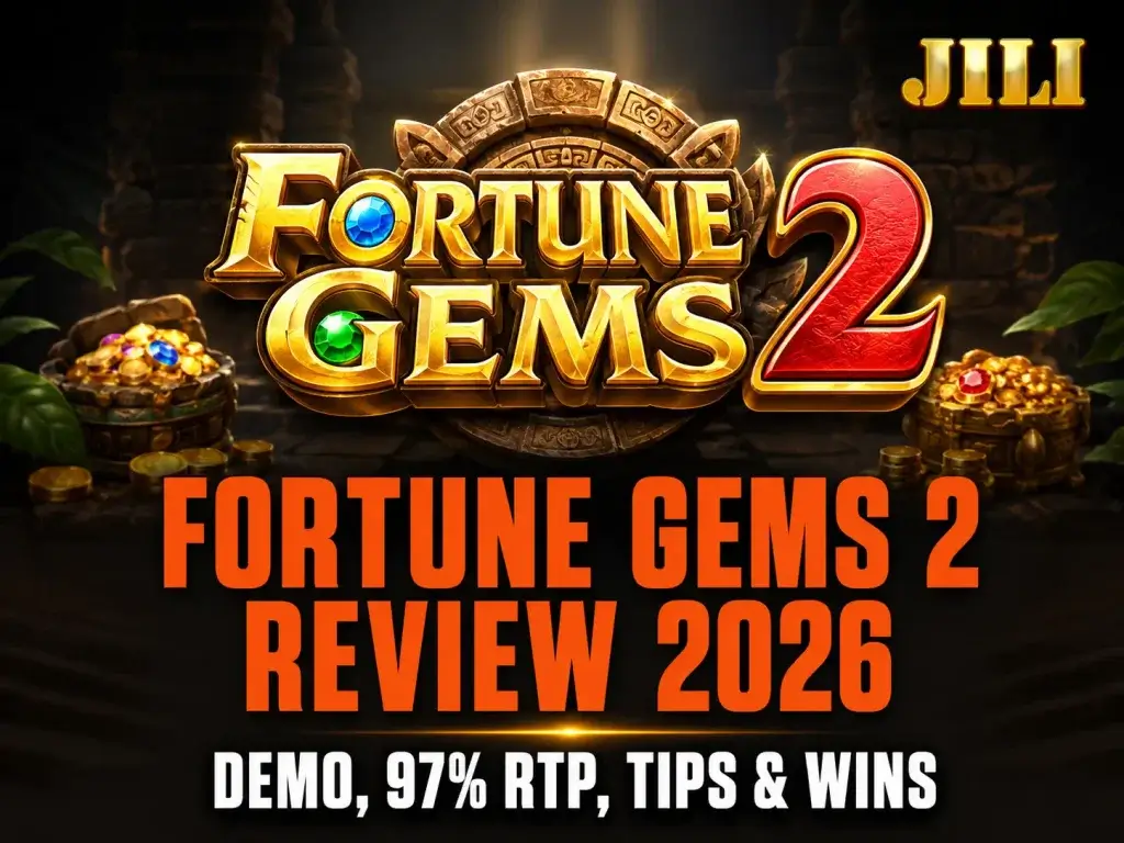 JILI Fortune Gems 2 banner on FOMO7 featuring ancient aztec stone symbols and chests filled with gold coins.