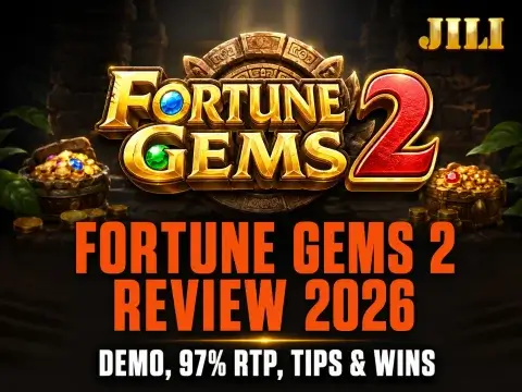 JILI Fortune Gems 2 banner on FOMO7 featuring ancient aztec stone symbols and chests filled with gold coins.