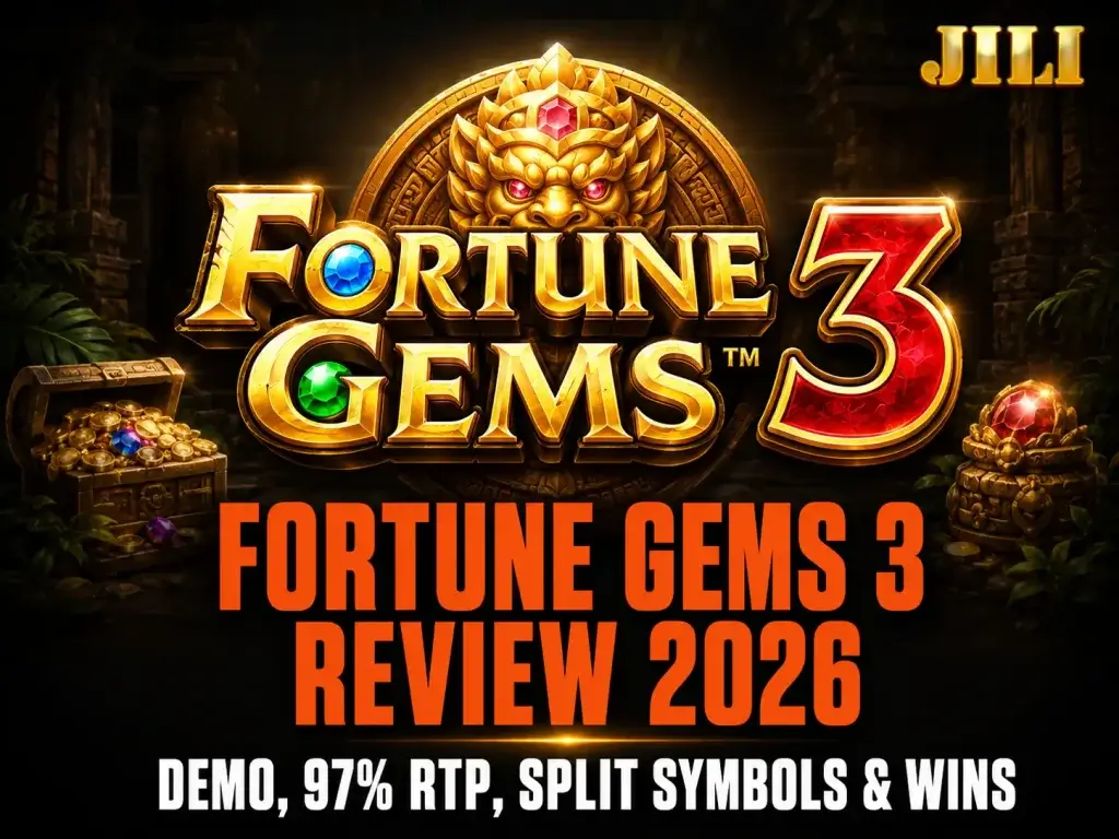 JILI Fortune Gems 3 banner on FOMO7 featuring a golden garuda mask totem and treasure chests full of jewels.