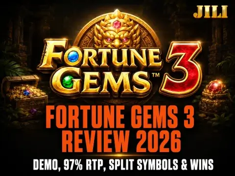 JILI Fortune Gems 3 banner on FOMO7 featuring a golden garuda mask totem and treasure chests full of jewels.