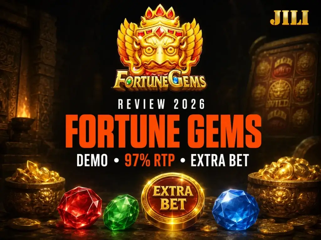 JILI Fortune Gems Review for FOMO7 India featuring colorful gemstones, an extra bet coin, and gold treasure pots.