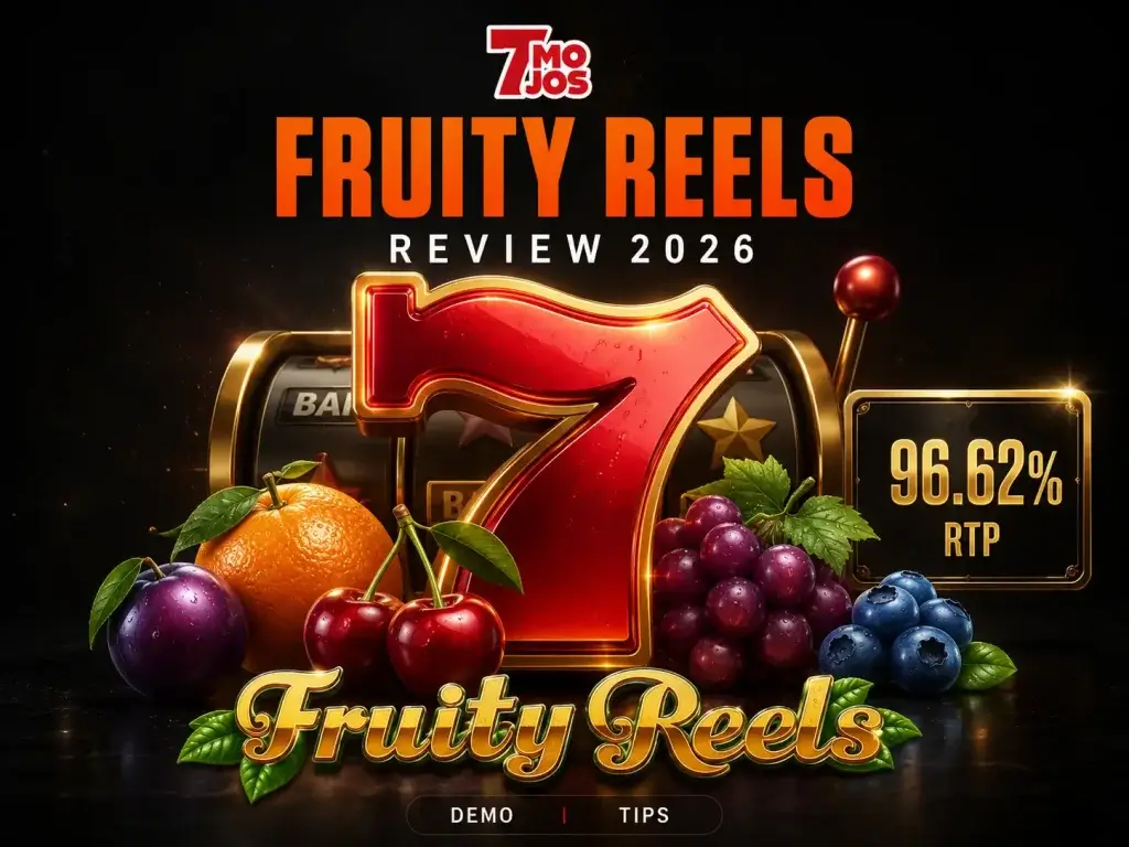 Fruity Reels review banner for 7Mojos featuring a big red lucky seven, slot machine reels, and various casino fruits.