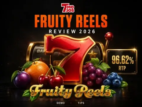 Fruity Reels review banner for 7Mojos featuring a big red lucky seven, slot machine reels, and various casino fruits.