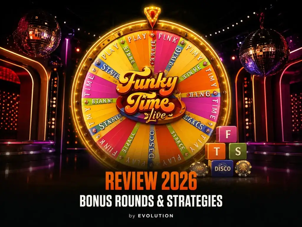 Funky Time review banner for Evolution on FOMO7 featuring a colorful live money wheel, disco balls, and letter blocks.