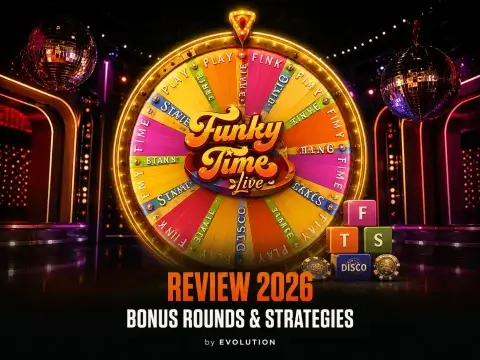 Funky Time review banner for Evolution on FOMO7 featuring a colorful live money wheel, disco balls, and letter blocks.