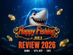 JILI Happy Fishing game review banner for JILI on FOMO7 featuring a smiling cartoon shark character and gold coins.