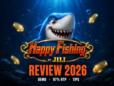 JILI Happy Fishing game review banner for JILI on FOMO7 featuring a smiling cartoon shark character and gold coins.