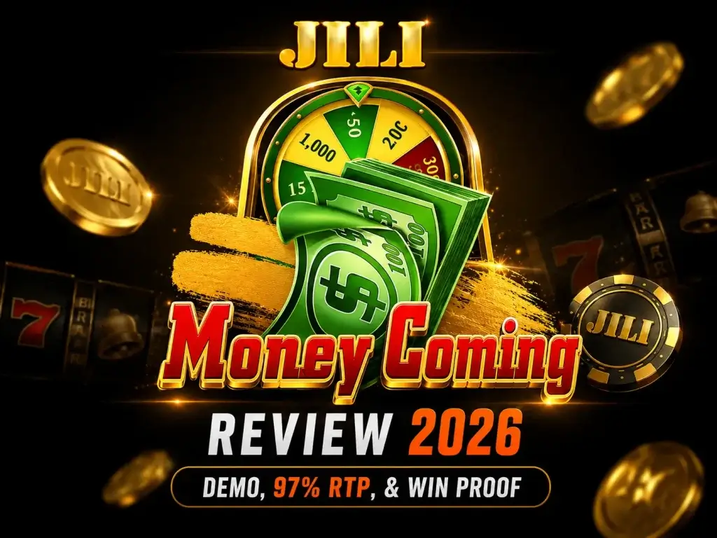 JILI Money Coming game review banner on FOMO7 featuring a pile of cash, a multiplier wheel, and floating golden coins.