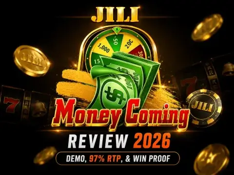 JILI Money Coming game review banner on FOMO7 featuring a pile of cash, a multiplier wheel, and floating golden coins.