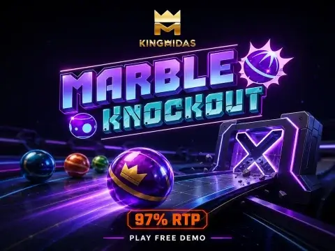 KM Marble Knockout review banner for King Midas featuring rolling colorful marbles, a neon track, and an X target block.
