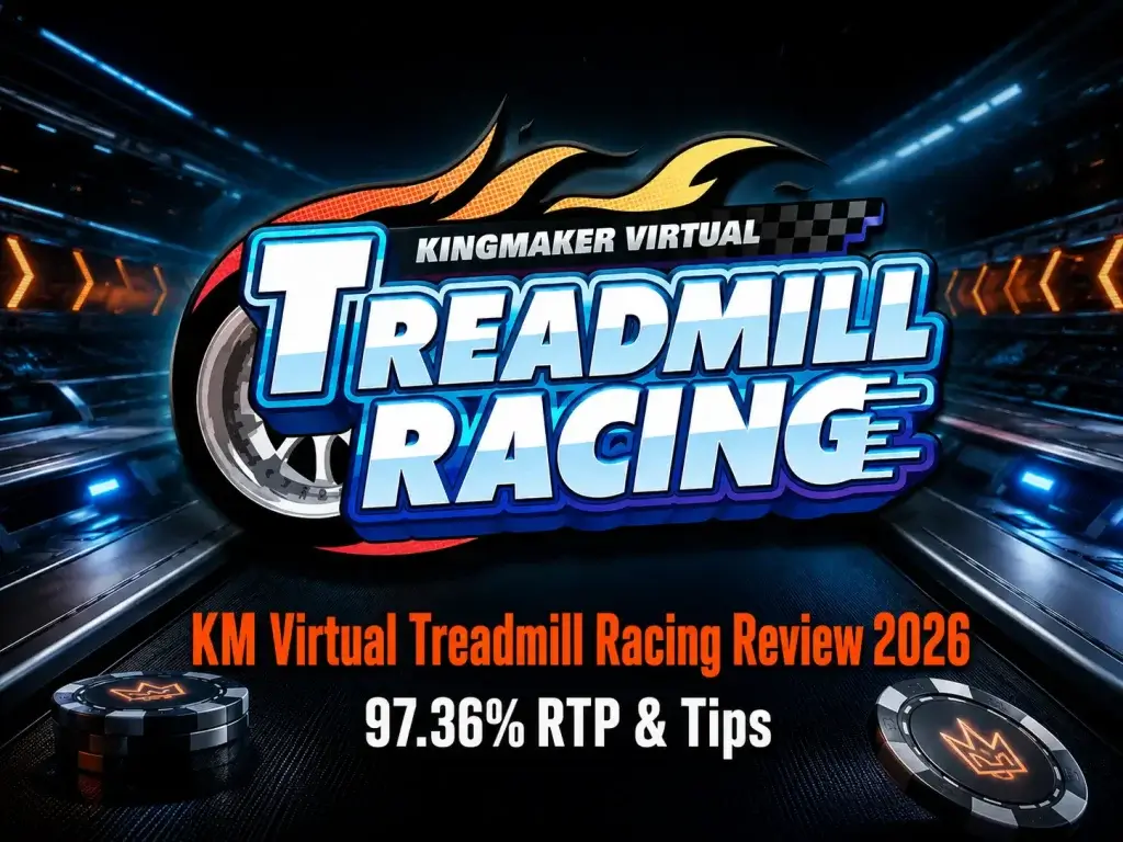 KM Virtual Treadmill Racing review banner on FOMO7 featuring a flaming race logo, a stadium track, and crown casino chips.