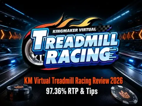 KM Virtual Treadmill Racing review banner on FOMO7 featuring a flaming race logo, a stadium track, and crown casino chips.