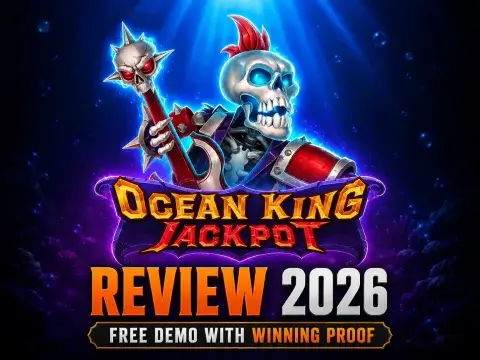 JILI Ocean King Jackpot slot review 2026 banner on FOMO7 featuring a punk skeleton warrior holding a spiked skull mace staff.