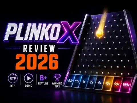 PlinkoX review 2026 banner on FOMO7 India featuring a peg board, dropping golden ball, and multiplier prize slots.