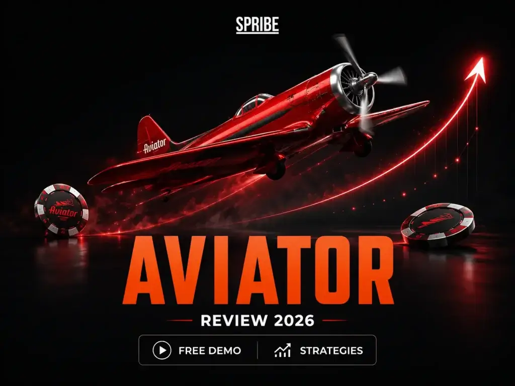 Spribe Aviator review 2026 banner on FOMO7 India featuring a flying red propeller plane, a rising red arrow, and game chips.