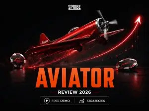 Spribe Aviator review 2026 banner on FOMO7 India featuring a flying red propeller plane, a rising red arrow, and game chips.