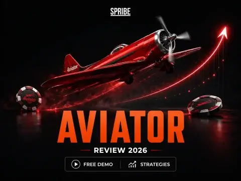 Spribe Aviator review 2026 banner on FOMO7 India featuring a flying red propeller plane, a rising red arrow, and game chips.
