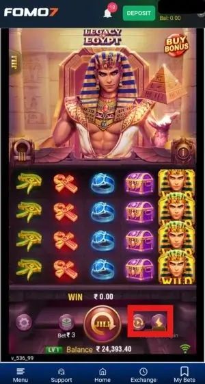 A screenshot of the JILI Legacy of Egypt slot game interface, with a red square highlighting the Autoplay and Turbo Spin buttons located to the right of the main spin button.