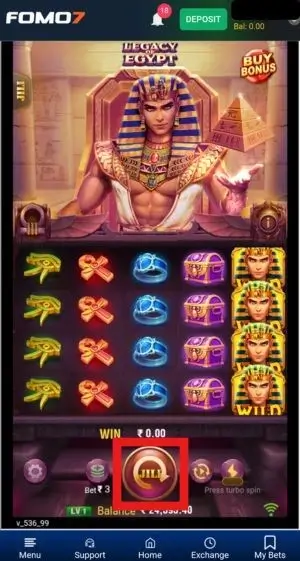 A screenshot of the **JILI Legacy of Egypt** slot game, featuring a large central spin button highlighted by a red square below a five-reel grid with symbols like pharaohs, treasure chests, and ankhs. The interface includes the FOMO7 logo and a "Buy Bonus" option.
