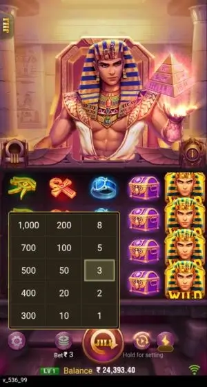  JILI Legacy of Egypt slot game interface featuring a Pharaoh character holding a glowing pyramid. A betting menu is open in the foreground, displaying various wager amounts from 1 to 1,000.