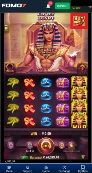 A screenshot of the JILI Legacy of Egypt slot game interface on a mobile device. A red square highlights the "BUY BONUS" button in the top right.