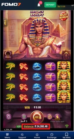 A screenshot of the JILI Legacy of Egypt slot game interface on a mobile device, with a red square highlighting the current balance of ₹24,393.40 at the bottom.