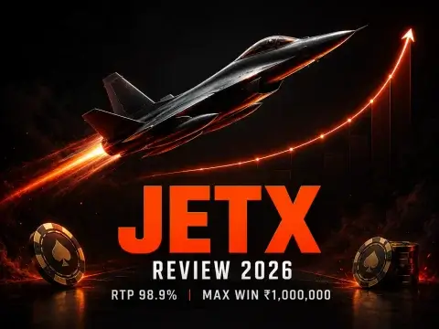 JetX review 2026 banner on FOMO7 India featuring a flying black fighter jet plane, an upward growth graph, and spade chips.