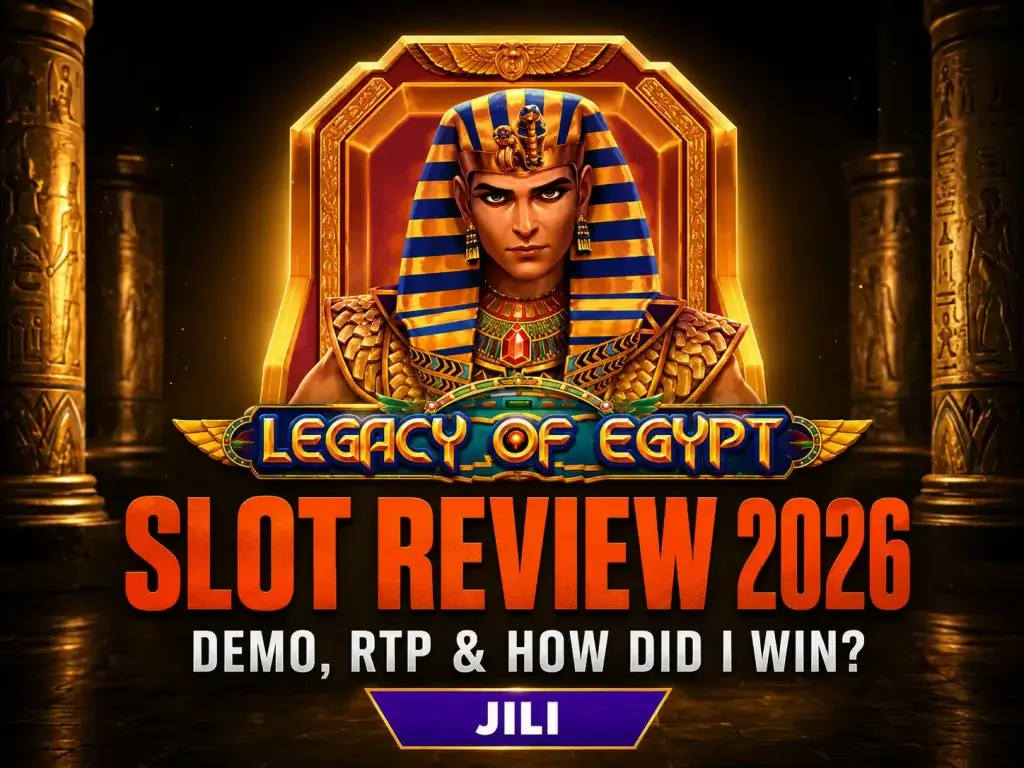 Legacy of Egypt game review 2 banner for JILI on FOMO7 featuring a powerful pharaoh king sitting on a golden throne.