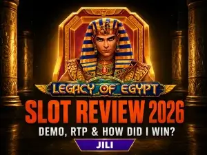 Legacy of Egypt game review 2 banner for JILI on FOMO7 featuring a powerful pharaoh king sitting on a golden throne.