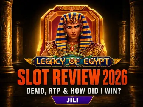 Legacy of Egypt game review 2 banner for JILI on FOMO7 featuring a powerful pharaoh king sitting on a golden throne.